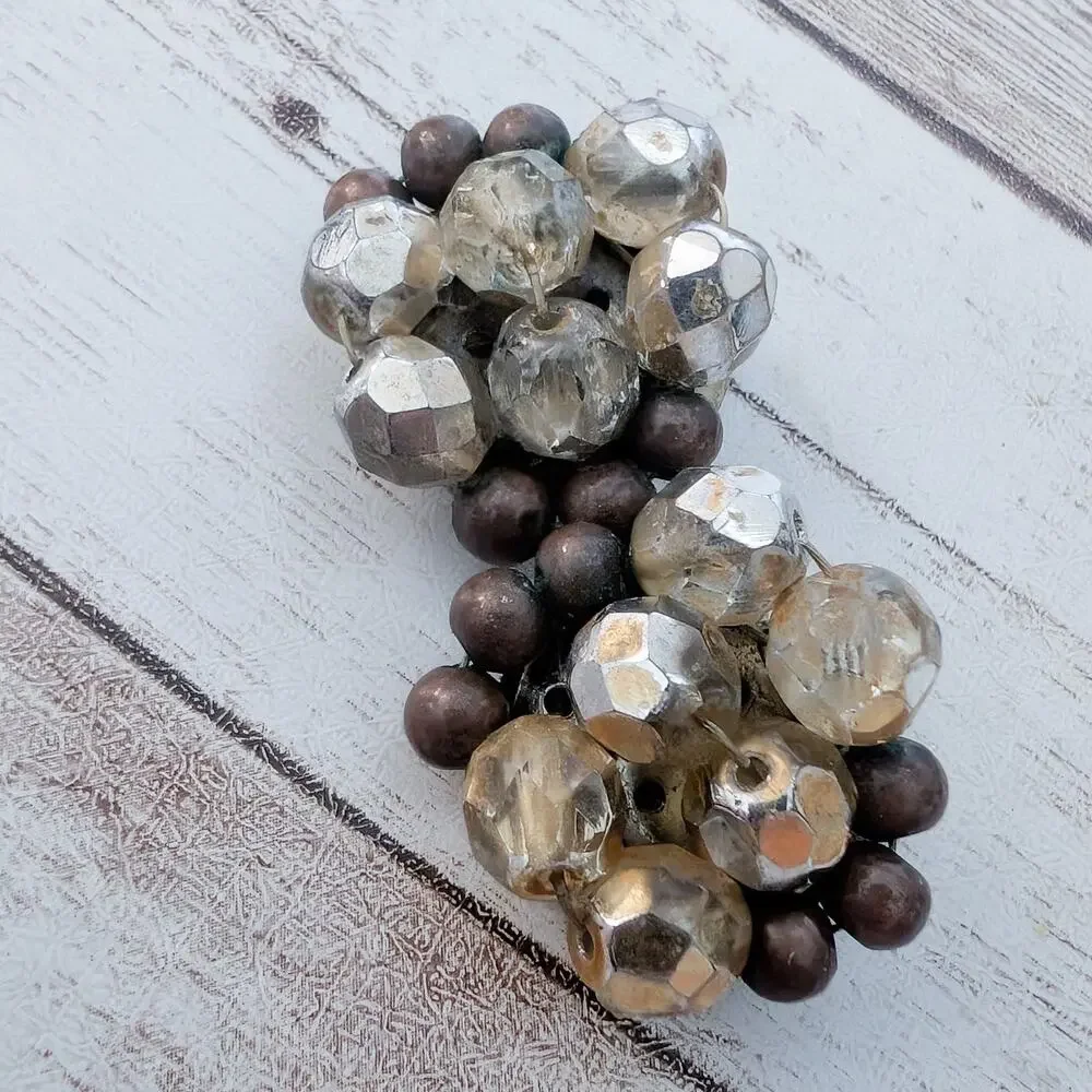 Vintage Clip On Earrings Large Cluster Brown - Fair Condition